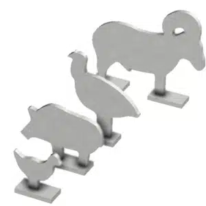 BIRCHWOOD CASEY SILHOUETTE KNOCK OVER TARGET - 4 PIECES - A set of five metal animal-shaped cutouts on stands, including a chicken, pig, peacock, sheep, and ram, arranged by size.
