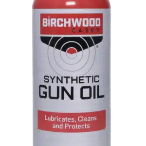 BIRCHWOOD CASEY SYNTHETIC GUN OIL AEROSOL - 6OZ - A can of Birchwood Casey Synthetic Gun Oil, labeled for lubrication, cleaning, and protection, with caution warnings on the bottom.