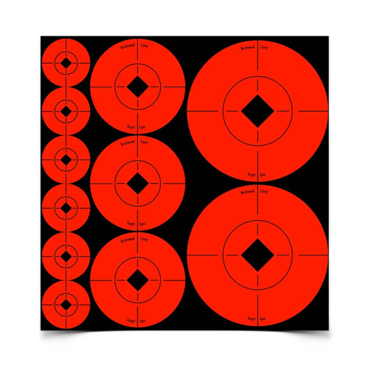 BIRCHWOOD CASEY TARGET SPOTS ASSORTED SIZE ORANGE TARGETS - A black target sheet featuring various red/orange circular targets with a diamond center, labeled 'Birchwood Casey' and 'Target Spot'.