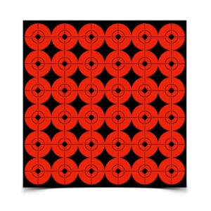 BIRCHWOOD CASEY TARGET SPOTS ORANGE 1 INCH - 360 TARGETS - A grid of red/orange target-like circles on a black background, each with a central diamond shape and crosshair markings, creating a striking pattern.