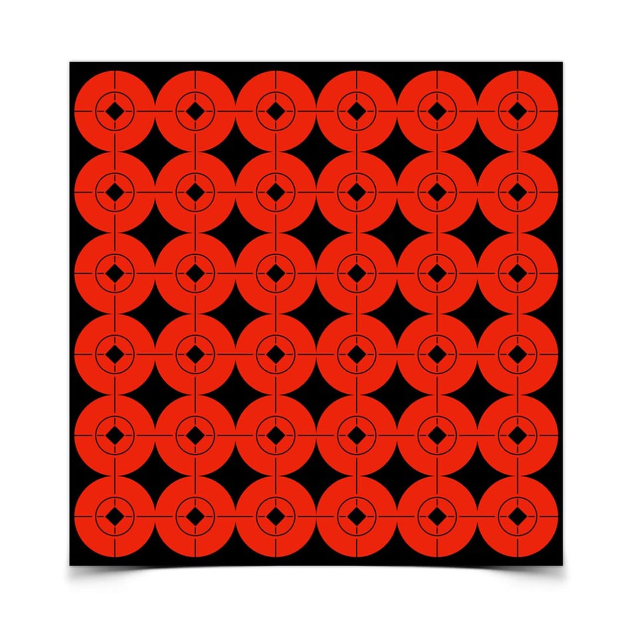 BIRCHWOOD CASEY TARGET SPOTS ORANGE 1 INCH - 360 TARGETS - A grid of red/orange target-like circles on a black background, each with a central diamond shape and crosshair markings, creating a striking pattern.