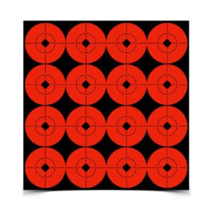 BIRCHWOOD CASEY TARGET SPOTS ORANGE 1.5 INCH - 160 TARGETS - A grid of red/orange target-like circles on a black background, each with a central diamond shape and crosshair markings, creating a striking pattern.
