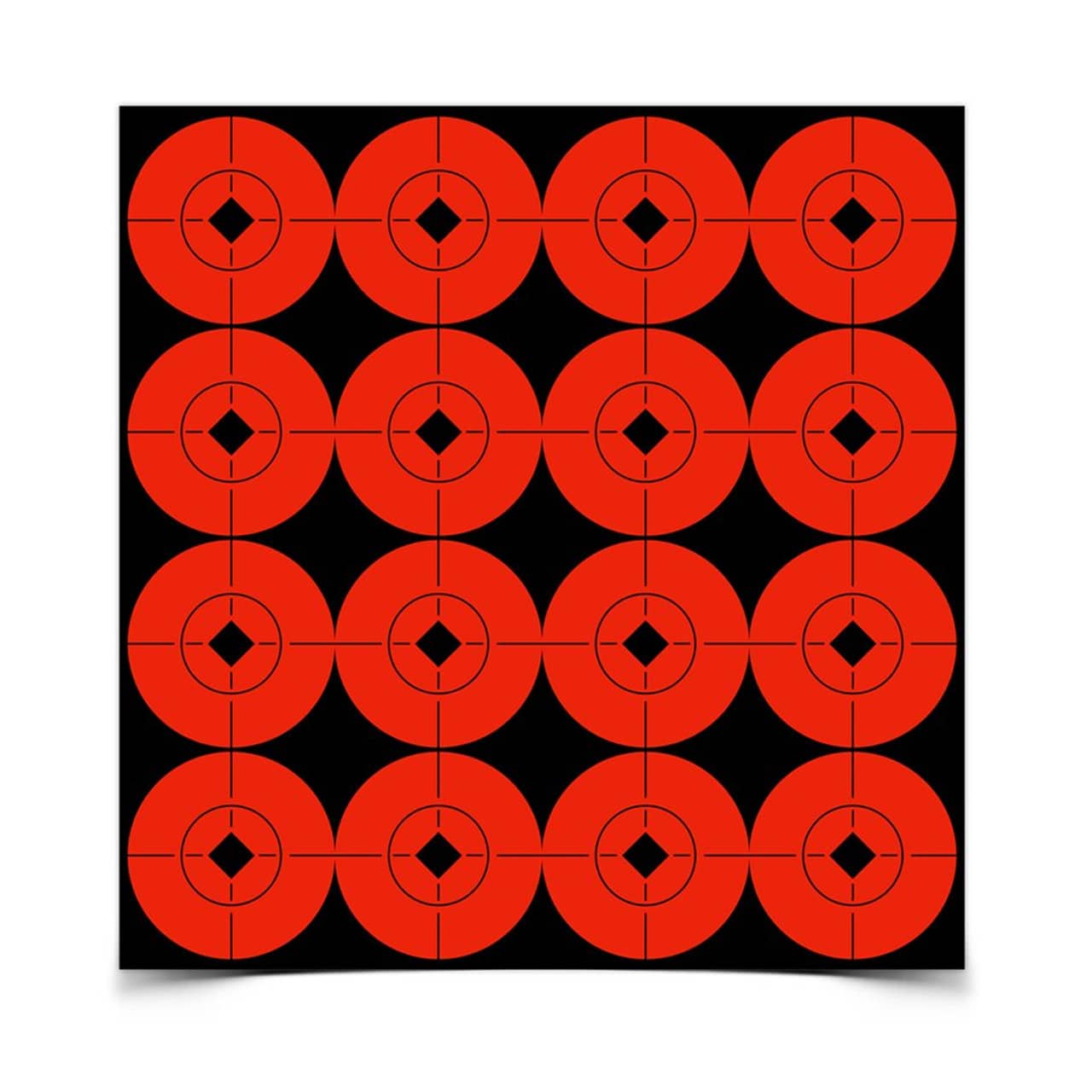 BIRCHWOOD CASEY TARGET SPOTS ORANGE 1.5 INCH - 160 TARGETS - A grid of red/orange target-like circles on a black background, each with a central diamond shape and crosshair markings, creating a striking pattern.