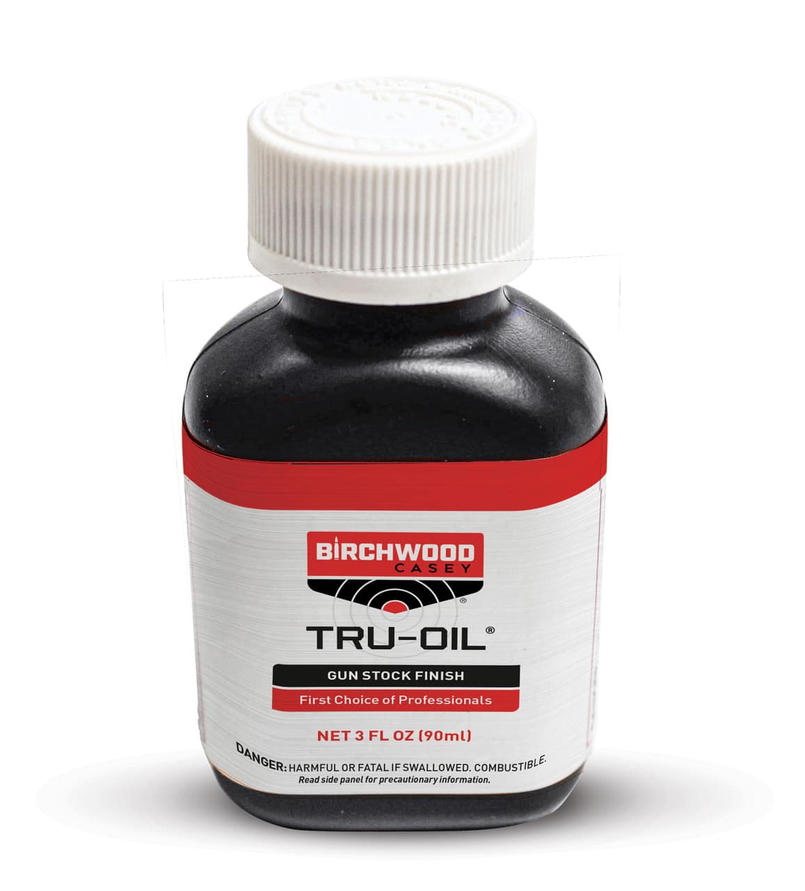 BIRCHWOOD CASEY TRU-OIL STOCK FINISH - 3OZ - A 3 oz bottle of Birchwood Casey Tru-Oil gun stock finish, labeled "First Choice of Professionals," with a safety warning on the bottom.