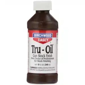 BIRCHWOOD CASEY TRU-OIL STOCK FINISH - 8OZ - Brown bottle of Birchwood Casey Tru-Oil gun stock finish, 8 fl oz, labeled as the professional choice for stock finishing.