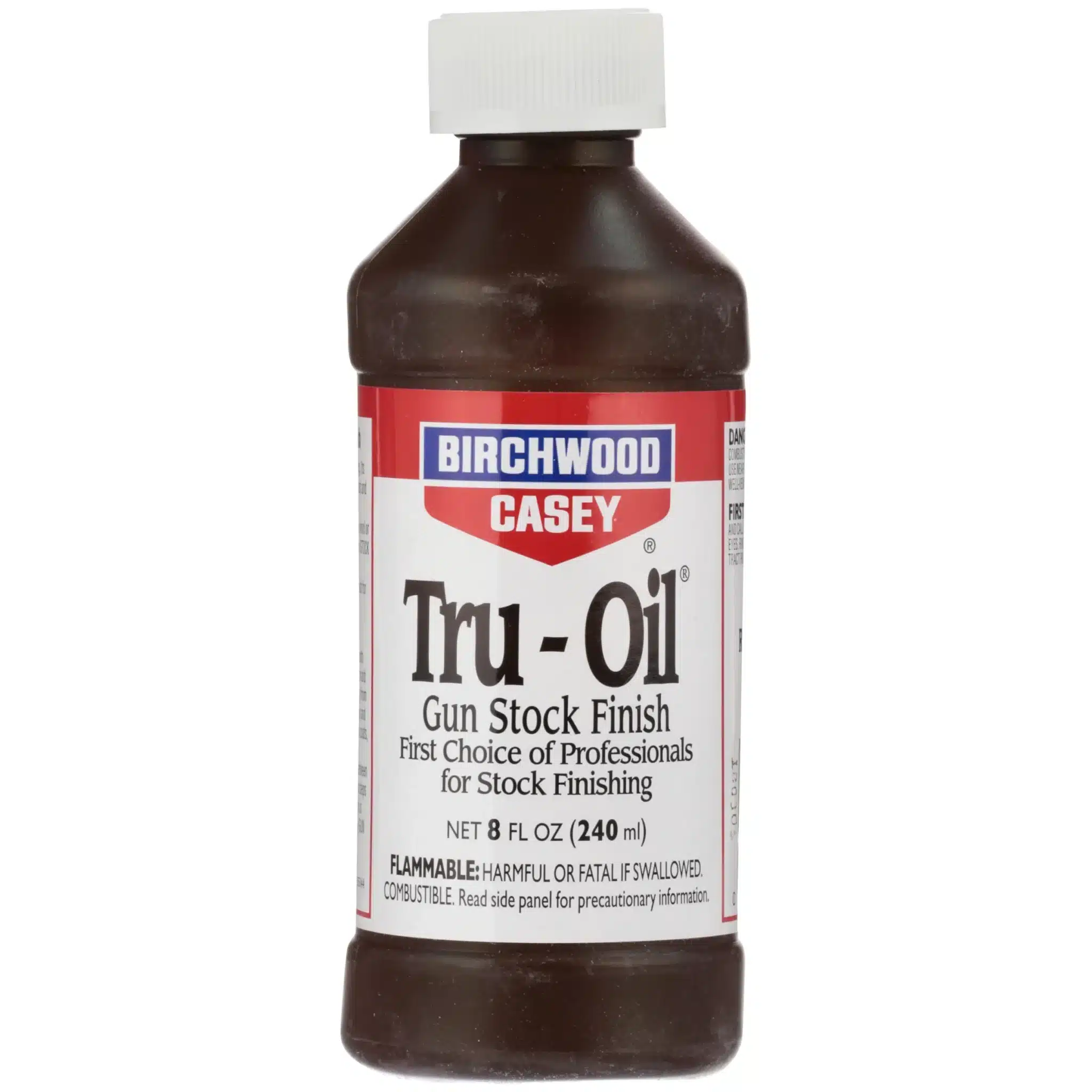 BIRCHWOOD CASEY TRU-OIL STOCK FINISH - 8OZ - Brown bottle of Birchwood Casey Tru-Oil gun stock finish, 8 fl oz, labeled as the professional choice for stock finishing.