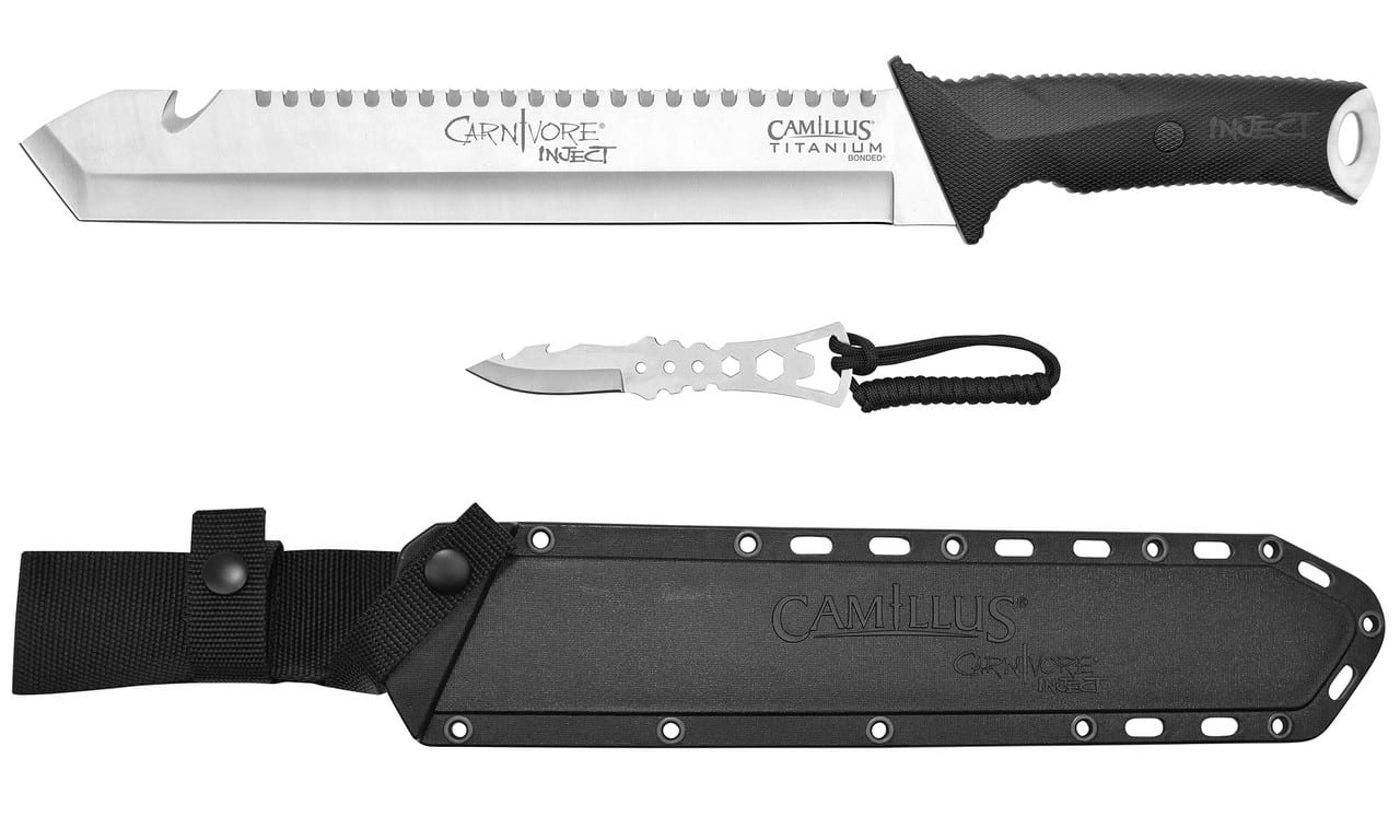 A Camillus Carnivore Inject knife set featuring a large serrated blade, a smaller utility knife, and a black sheath for storage.