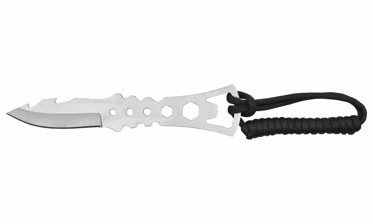 A sleek, stainless steel knife with a curved blade design and a black paracord handle, featuring grip-enhancing cutouts.