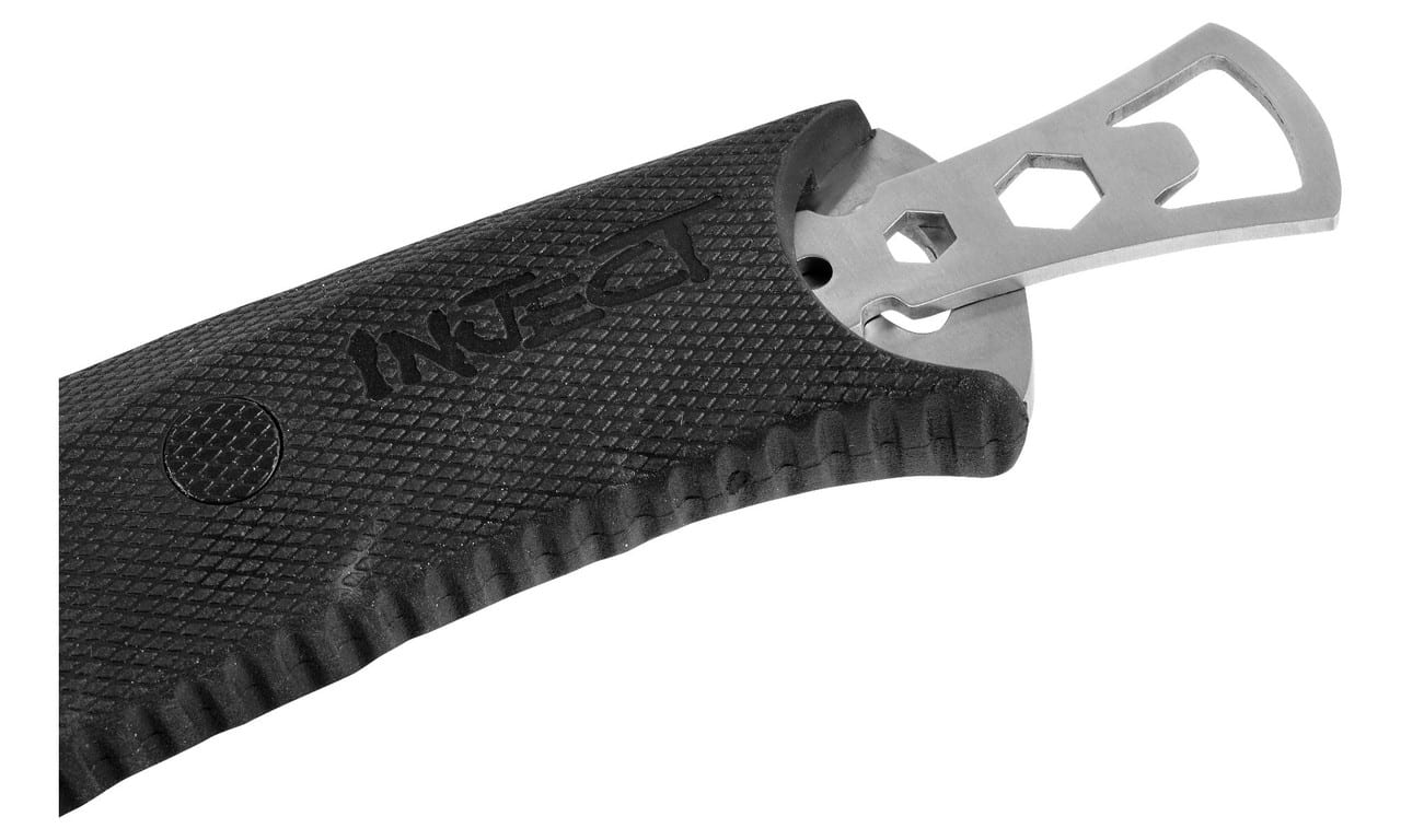 Close-up of a black textured handle with the word "INCUT" embossed, from which a silver multi-tool with hexagonal and other shaped cutouts protrudes.