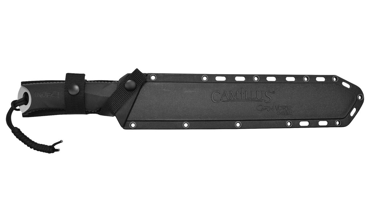 Black Camillus Carnivore Insect machete in its sheath, with the Camillus logo and branding visible on the sheath.