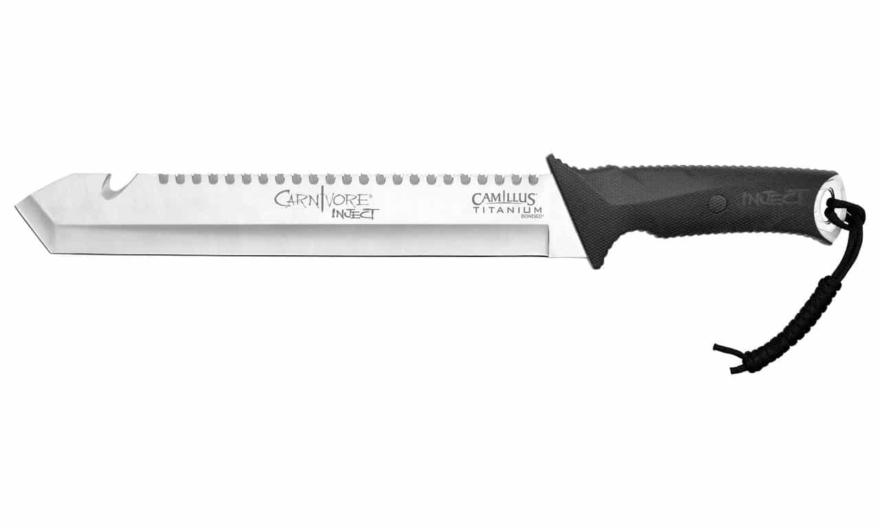 CAMILLUS CARNIVORE INJECT 18" MACHETE - A sleek Camillus Carnivore Inject knife with a titanium-bonded blade and textured black handle, featuring a lanyard hole for easy carrying.
