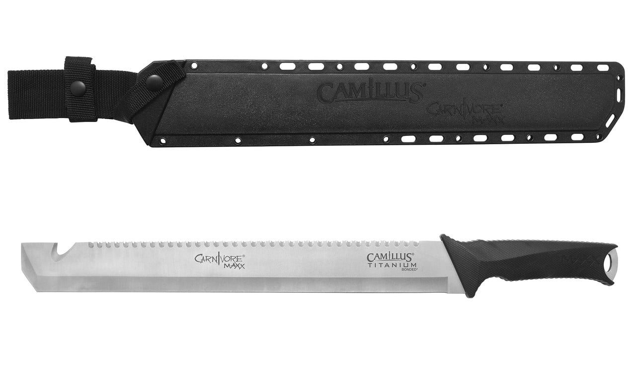 A titanium-bonded knife with a serrated edge, accompanied by a black sheath for protection and portability.