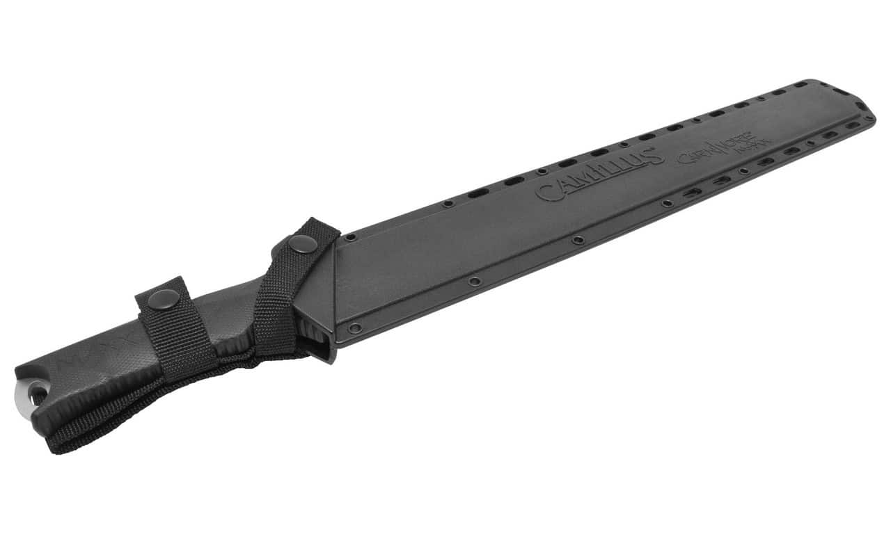 A black Camillus knife with a sturdy grip and a protective sheath, designed for outdoor use or heavy-duty tasks.