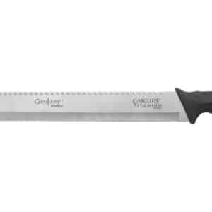 CAMILLUS CARNIVORE MAXX 2.0 MACHETE 23" - A stainless steel serrated knife with a black rubber grip, labeled "Carnivore Maxx" and "Camillus Titanium Bonded."