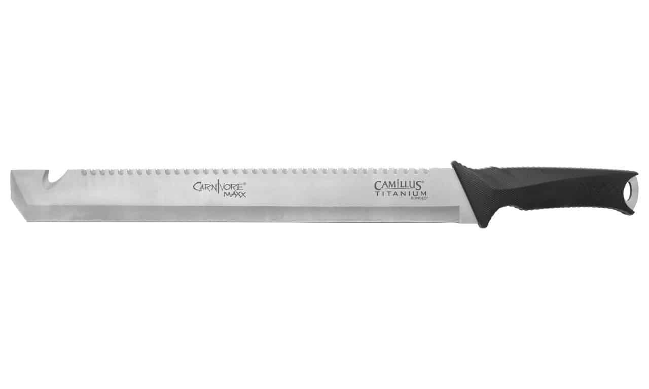 CAMILLUS CARNIVORE MAXX 2.0 MACHETE 23" - A stainless steel serrated knife with a black rubber grip, labeled "Carnivore Maxx" and "Camillus Titanium Bonded."