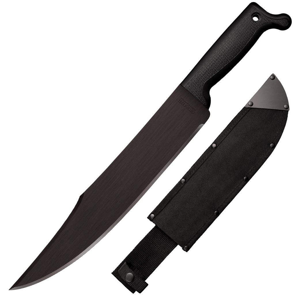 COLD STEEL BOWIE MACHETE - Black Cold Steel machete with textured handle and sheath, angled diagonally on a white background.
