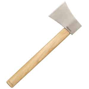 COLD STEEL COMPETITION THROWING HATCHET - An axe with a light-colored wooden handle and a silver, angled blade, angled across the frame. The blade has "Cold Steel" stamped on it, and the handle says "Cold Steel" at the end.