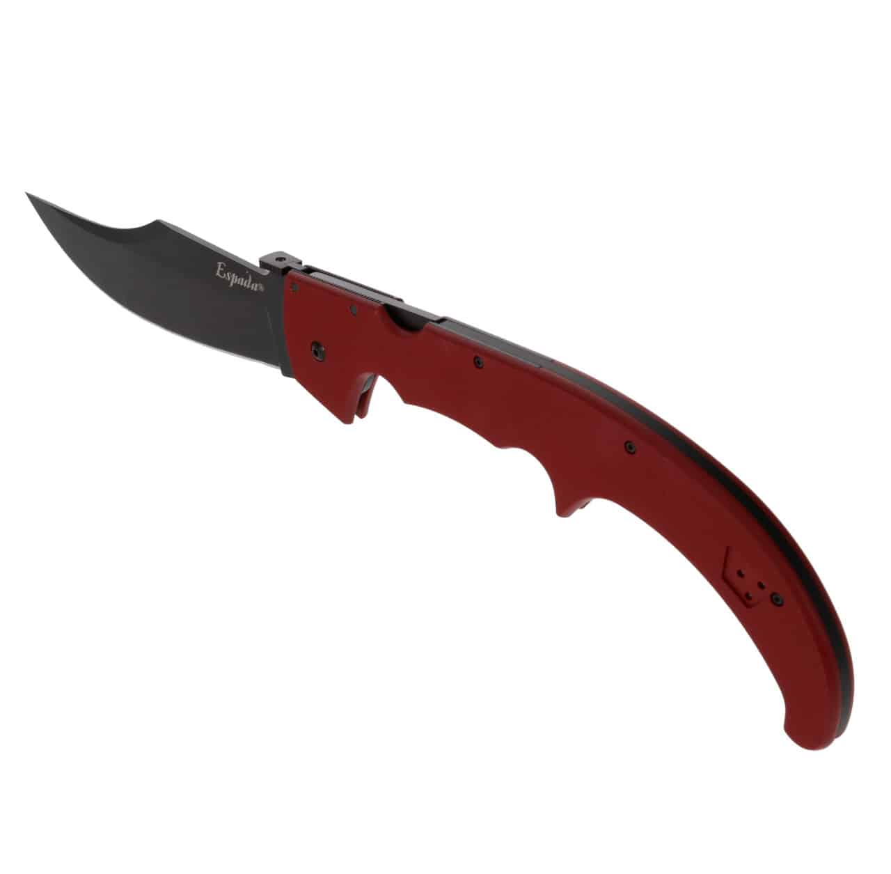 A sleek folding knife with a black blade and a vibrant red handle, showcasing a modern design and ergonomic grip.