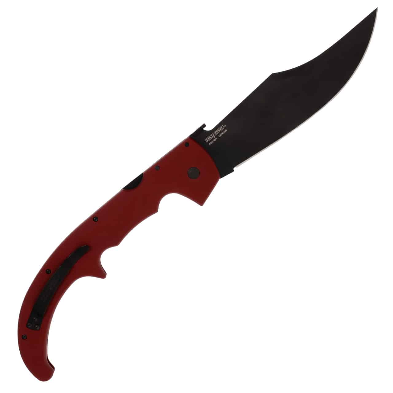 A red handle folding knife with a curved black blade, designed for outdoor use, showcasing ergonomic grip and a sleek finish.