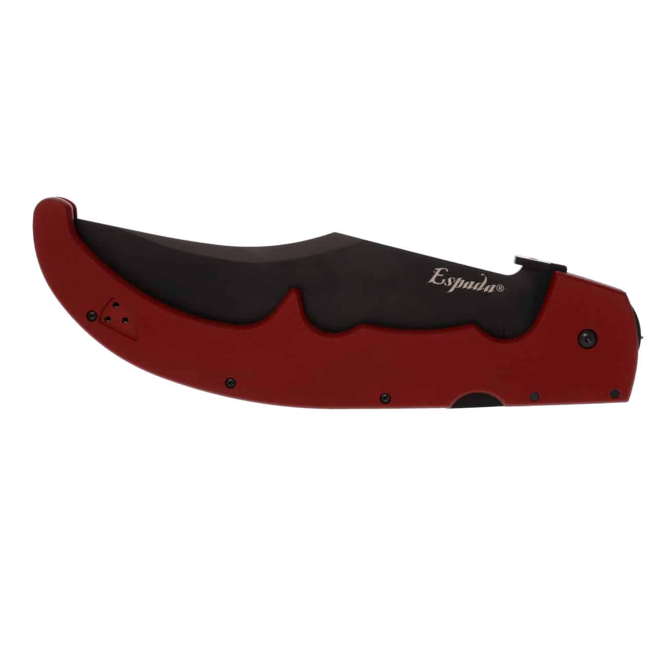 A sleek, black folding knife with a red handle, featuring a distinctive wavy blade, showcasing the Espada logo prominently.