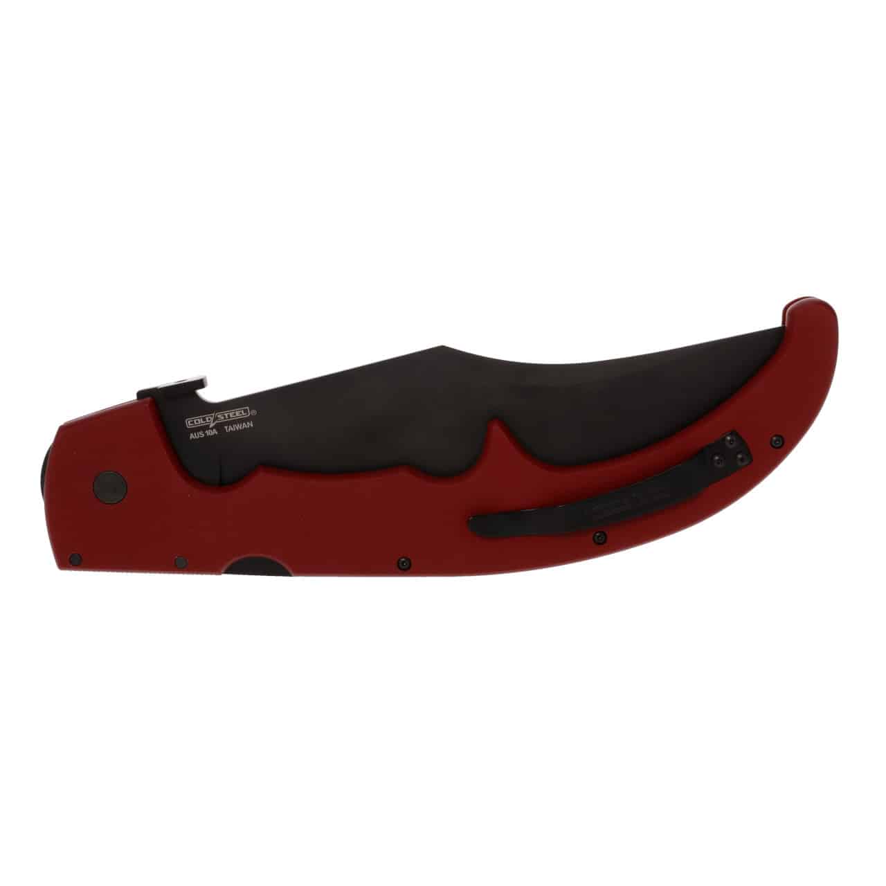 Red and black Cold Steel folding knife with a black blade, visible clip, and text reading "COLD STEEL AUS 10A TAIWAN".