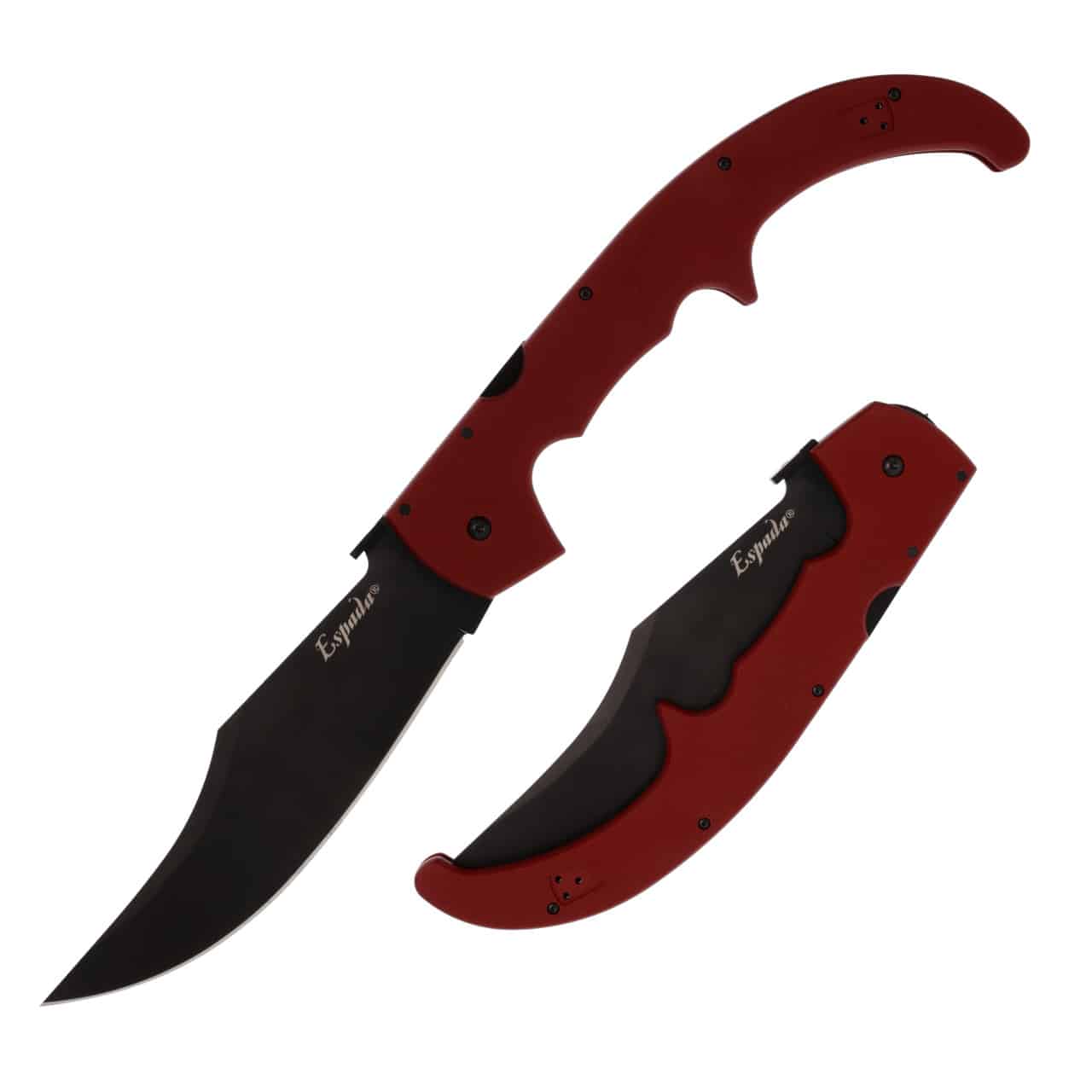 COLD STEEL ESPADA XL G-10 RUBY RED - A red-handled folding knife with a black blade, partially open and closed, showcasing its sleek design and ergonomic grip.