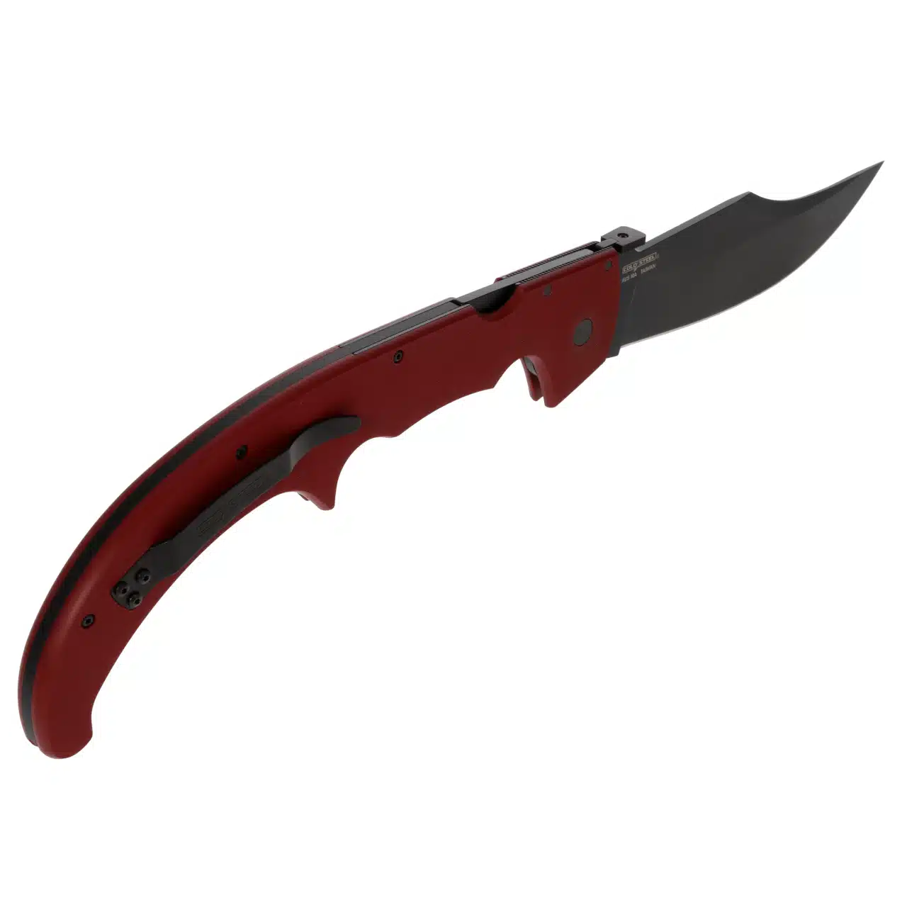 A sleek, folding knife with a curved, sharp black blade and a red textured handle, showcasing its ergonomic design.