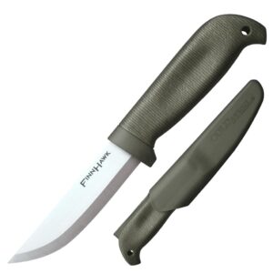 COLD STEEL FINN HAWK - A Cold Steel FinnHawk fixed blade knife with a gray-green textured handle and a white blade, alongside its matching sheath. The knife is angled from the top left to the bottom right, with the sheath resting near the knife's handle. The knife blade is labeled "FinnHawk", the sheath has "COLDSTEEL" text.