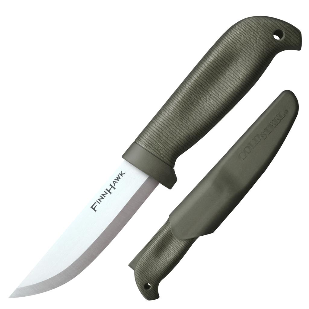 COLD STEEL FINN HAWK - A Cold Steel FinnHawk fixed blade knife with a gray-green textured handle and a white blade, alongside its matching sheath. The knife is angled from the top left to the bottom right, with the sheath resting near the knife's handle. The knife blade is labeled "FinnHawk", the sheath has "COLDSTEEL" text.