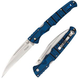 COLD STEEL FRENZY II BLUE/BLACK - Two Cold Steel Frenzy folding knives, one open and one closed, showcasing blue and black patterned handles and silver blades, with the name "FRENZY" etched on the open blade.