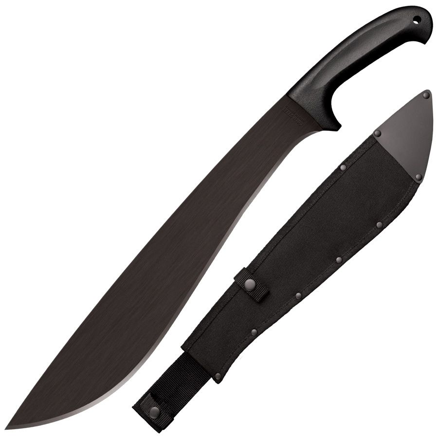 COLD STEEL JUNGLE MACHETE - Black machete with a curved blade, black rubberized handle, and black sheath.