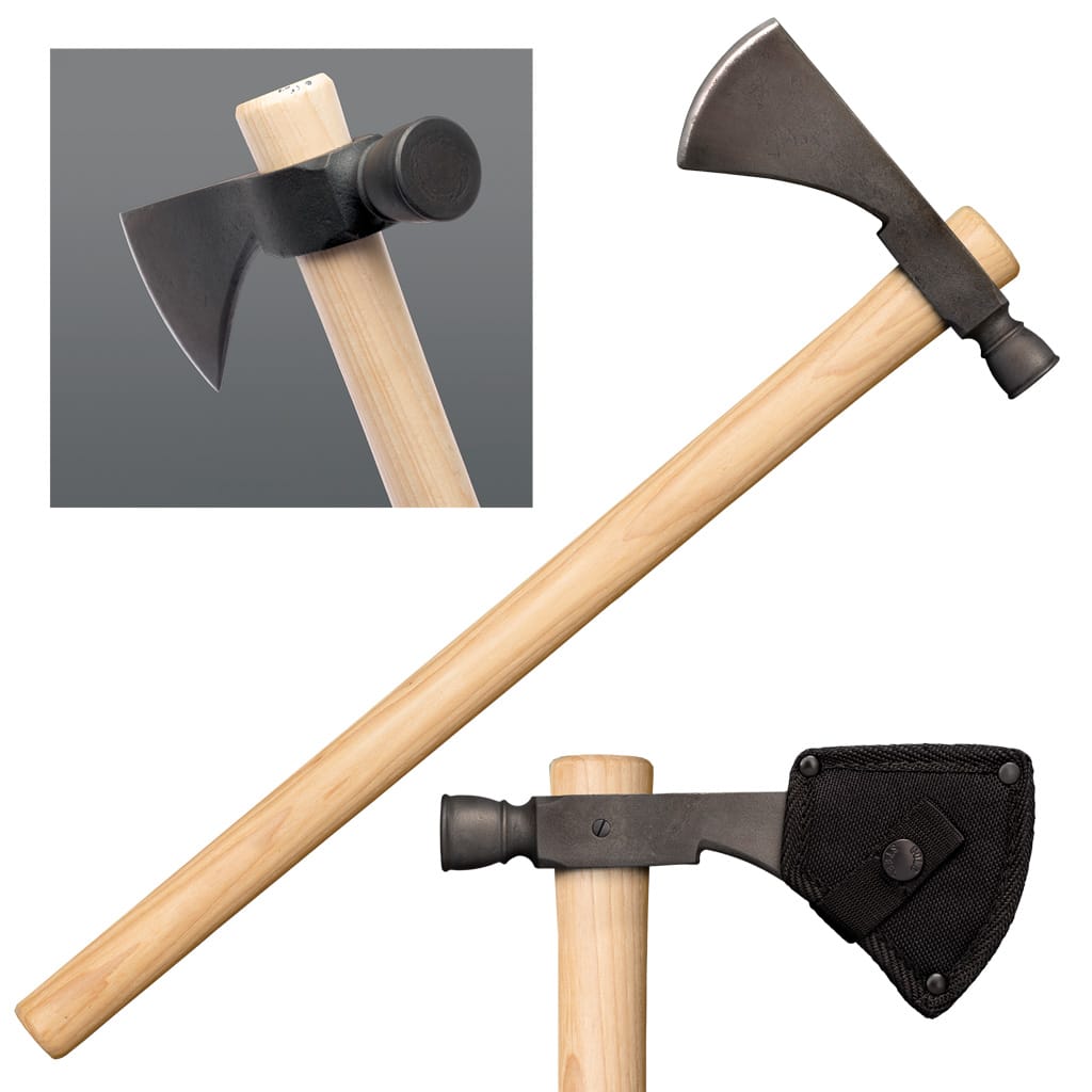 A black tomahawk axe with a wooden handle and a hammer head, showcasing the sharp axe blade and a detail shot of the axe head and hammer head on a plain gray background, with another detail of the axe head protected by a black nylon sheath.