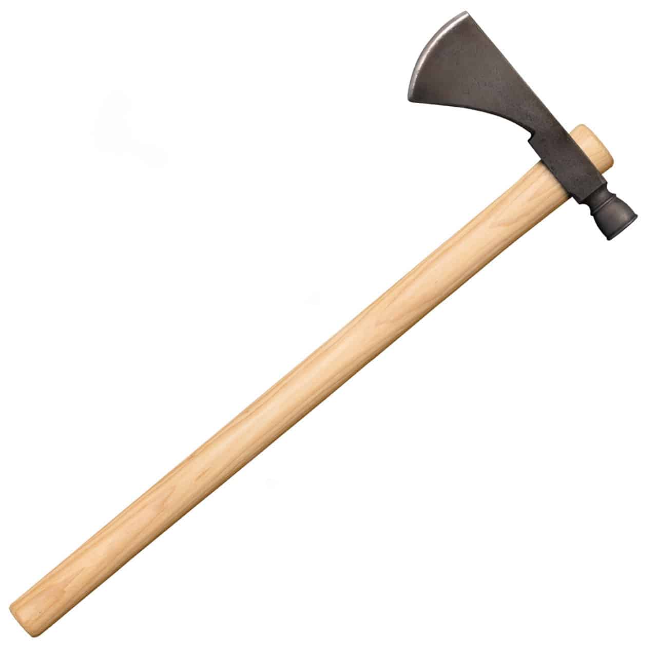 COLD STEEL PIPE HAWK - A tomahawk, featuring a bladed axe head and a cylindrical hammer-like head, both of dark metal, connected to a long, light-colored wooden handle.