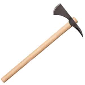 COLD STEEL SPIKE HAWK - A tomahawk with a wooden handle and dark metal head featuring a curved blade and pointed pick, set against a white background.
