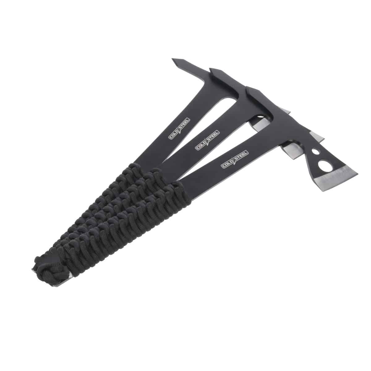 Three black Cold Steel tomahawks arranged in a fan shape, handles wrapped in black cord, isolated on a white background.