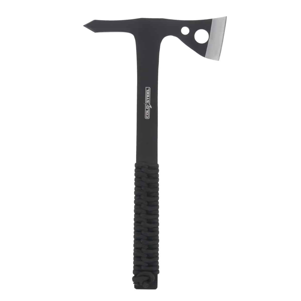 Black Cold Steel tomahawk with a spike, an axe blade, and a paracord-wrapped handle, against a white background.
