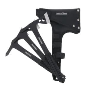 COLD STEEL THROWING AXES 3 PACK WITH SHEATH - BLACK - Three Cold Steel tactical tomahawks with black handles and silver ax blades, angled toward the viewer, with a black nylon sheath.