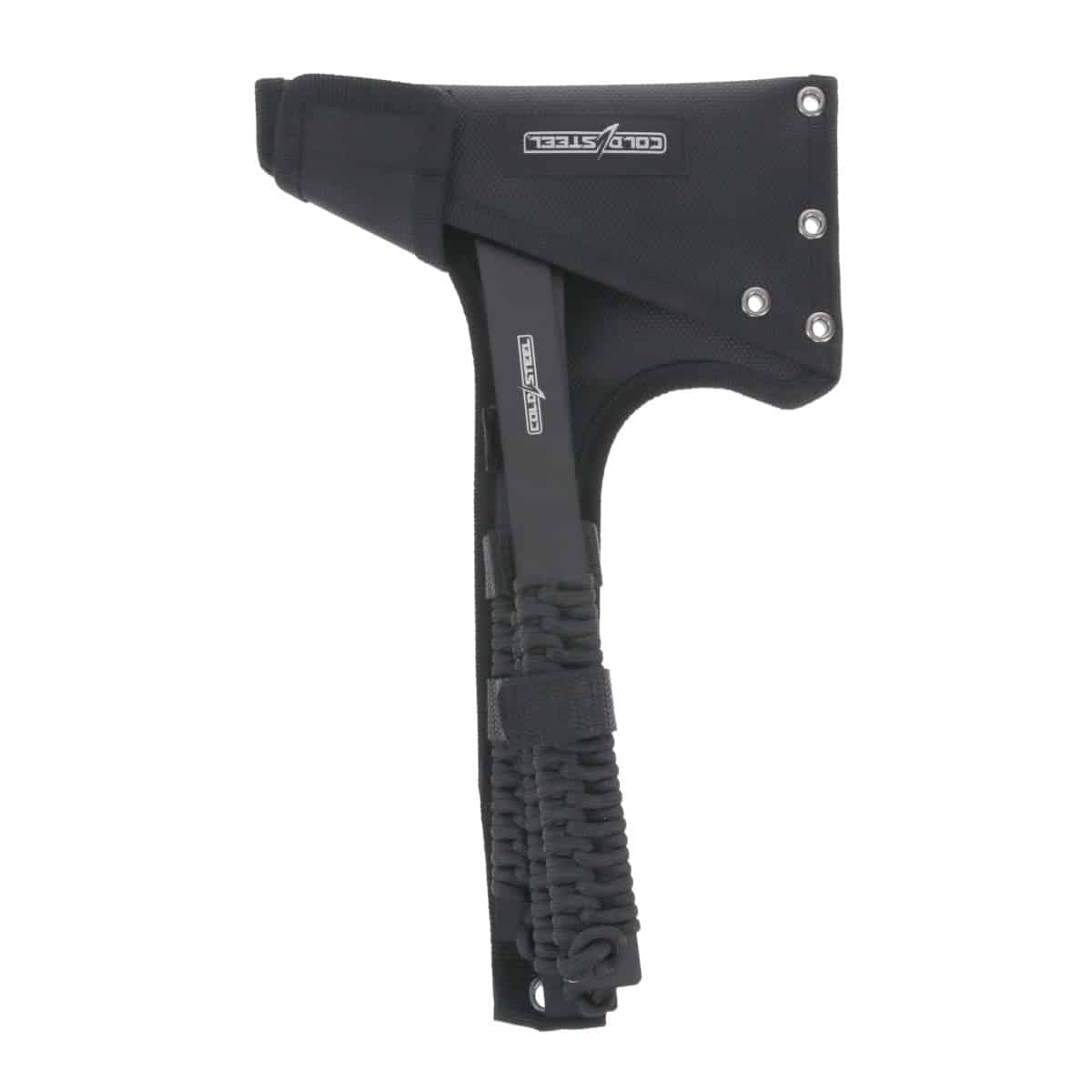 Black Cold Steel axe with protective sheath, handle wrapped in black paracord, against white background.