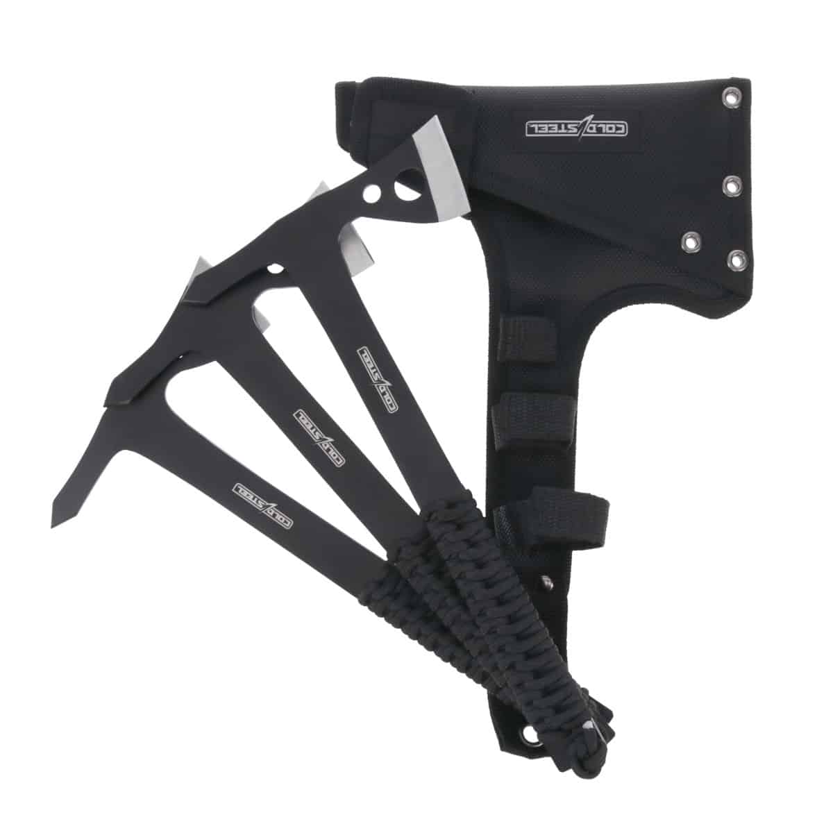 COLD STEEL THROWING AXES 3 PACK WITH SHEATH - BLACK - Three Cold Steel tactical tomahawks with black handles and silver ax blades, angled toward the viewer, with a black nylon sheath.