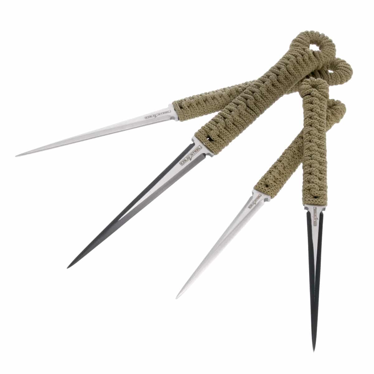 Four Cold Steel brand throwing knives, with long, thin blades and tan paracord-wrapped handles, arranged diagonally on a white background. Two blades are silver, one is black, and one has a dark edge.