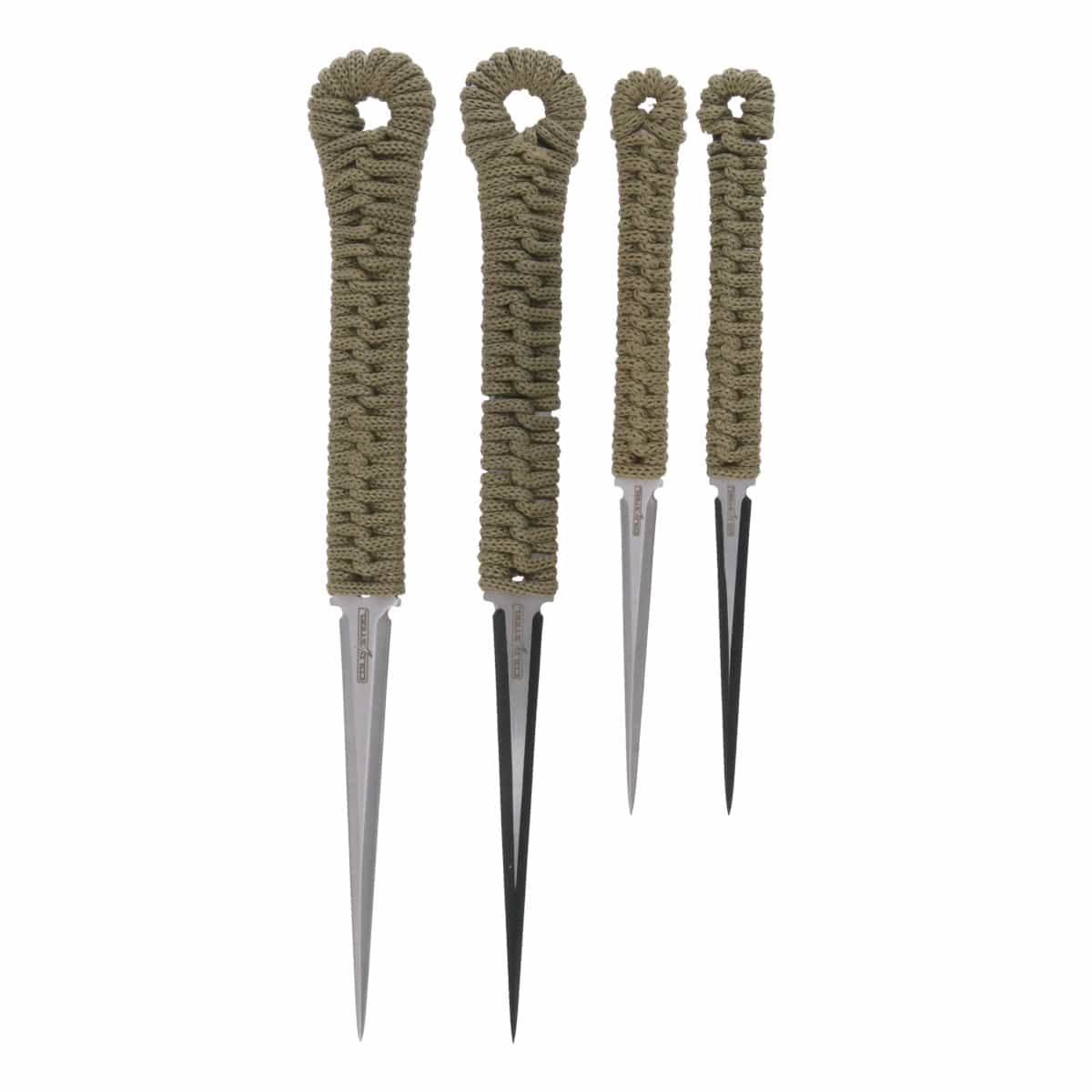 Four olive green and black Cold Steel brand throwing knives with woven paracord handles against a white background.