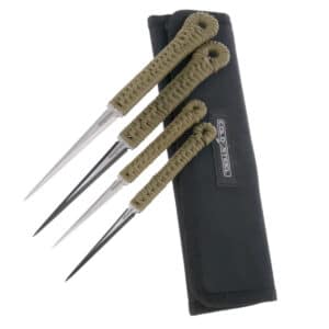COLD STEEL THROWING SPIKES - 4 PACK WITH POUCH - Four Cold Steel tactical throwing knives with olive drab paracord wrapped handles, a black nylon sheath labeled "COLD STEEL".