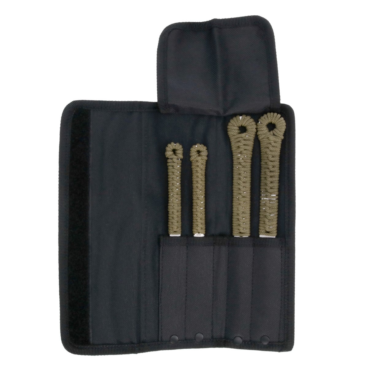 Four throwing knives with olive green paracord-wrapped handles in a black nylon case, with open flap and velcro closure.