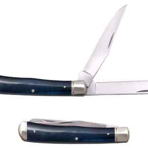 COLD STEEL TRAPPER KNIFE - BLUE BONE - Two pocket knives on a white background; the top knife has a blue wooden handle with silver accents and two open blades, one slightly angled upward, while the other is straight out; below, a closed knife with a matching blue wooden handle.