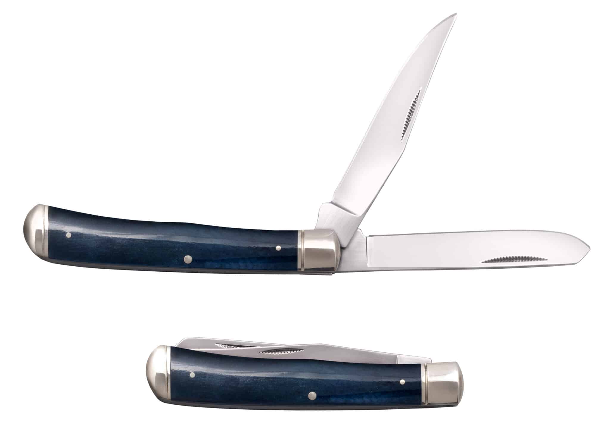 COLD STEEL TRAPPER KNIFE - BLUE BONE - Two pocket knives on a white background; the top knife has a blue wooden handle with silver accents and two open blades, one slightly angled upward, while the other is straight out; below, a closed knife with a matching blue wooden handle.