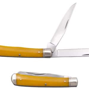 COLD STEEL TRAPPER KNIFE - YELLOW BONE - Two-blade pocket knife with a yellow handle and stainless steel blades; one blade is open, and the other is folded out. A second, closed knife is below the open knife.