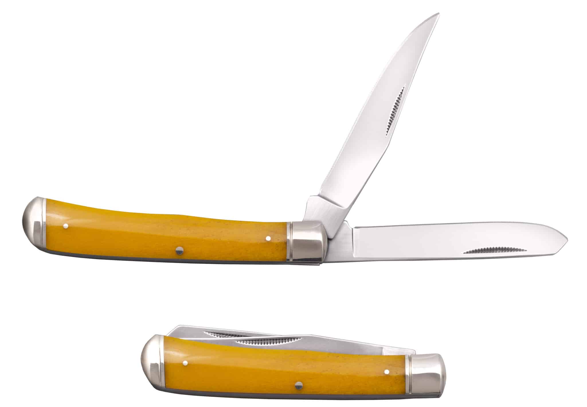 COLD STEEL TRAPPER KNIFE - YELLOW BONE - Two-blade pocket knife with a yellow handle and stainless steel blades; one blade is open, and the other is folded out. A second, closed knife is below the open knife.