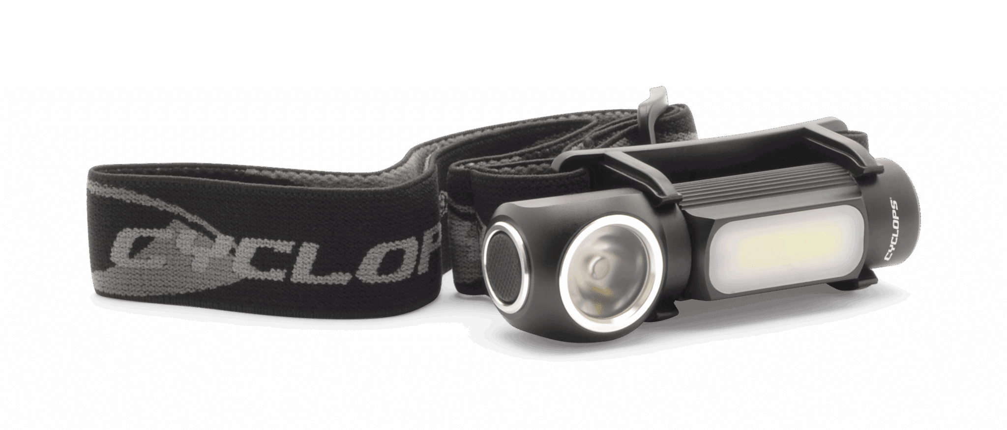 CYCLOPS HADES HORIZON 500 LUMEN HEADLAMP - A black headlamp with "CYCLOPS" printed on the head strap and headlamp casing, featuring a round central light and a rectangular light.