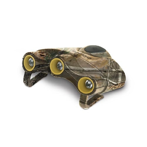 CYCLOPS ORION WHITE LED HAT CLIP LIGHT - NXT CAMO - Camo-patterned headlamp with three yellow-ringed LED lights, and a single dark-grey control button, on a white background.