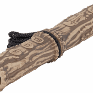 FLEXTONE ALL N ONE BONED UP DEER CALL - Tan and brown antler-shaped hunting call with a black rope lanyard, and engraved with the letters "F", "D", "YB", and "VOL" on the surface.